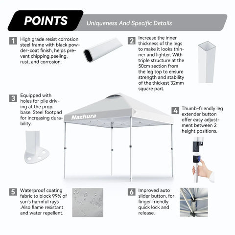 10 by 10 Foot Pop Up Canopy Tent With Sand Weight Bag Freestanding Sun Shelter For Picnic And Camping, white with steel frame details