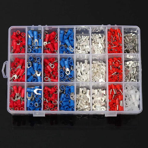 Top Notch 1000 Pcs Insulated Crimp Terminals Kit With 24 Types Assortment Of Electrical Cable Wire Cord Pin End Connectors Spade Fork Ring Tools For Any Fix It Yourself Job Today. 1000-piece plastic organizer box with red, blue, and white insulated crimp terminals