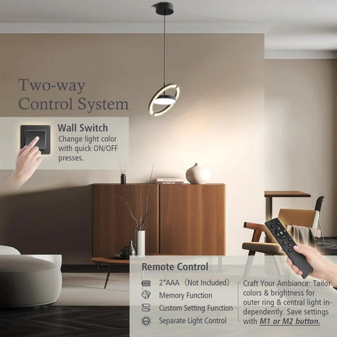 Straight Fire Vibe For Your Home Decor Featuring Fresh Saturn Ring Pendant Light With Remote Dimming And Sleek Black Overhead Ceiling Fixture For Kitchen Or Dining Room, two-way control system viewed in modern setting.