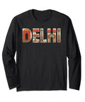 Dope Delhi India Travel Souvenir Lotus Temple Auto Rickshaw Long Sleeve Tshirt Black Graphic Tee with Delhi-themed design