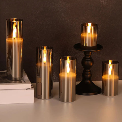 Grey Glass Flameless Candles With Remote Control Real Wax Look Flickering LED Pillar Candles for Cozy Home Decor Slim Tall Battery Powered Set of Five