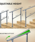 Rock Solid Two Step Handrails For Outdoor Stairs, adjustable height options shown, galvanized steel, designed for safety on steps.