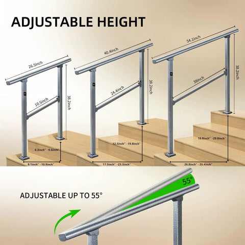 Rock Solid Two Step Handrails For Outdoor Stairs, adjustable height options shown, galvanized steel, designed for safety on steps.