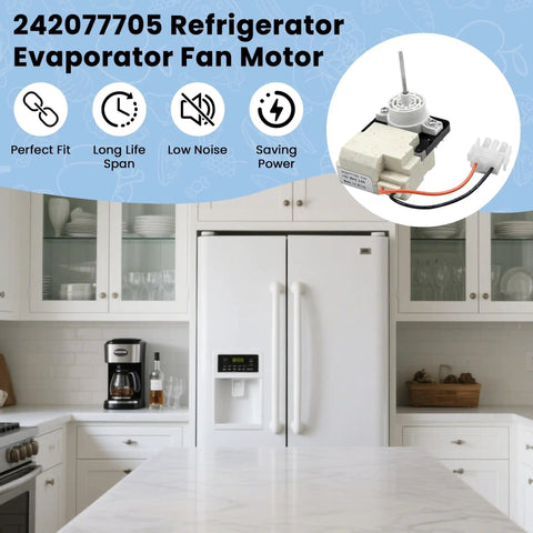 242077705 Evaporator Fan Motor shown above a kitchen refrigerator scene