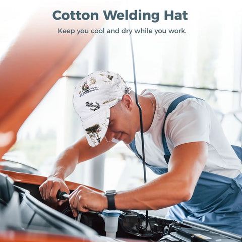 Mechanic wearing Four Pack Cotton Welding Cap Set With Sweat Absorbing Mesh Liner while working on car engine
