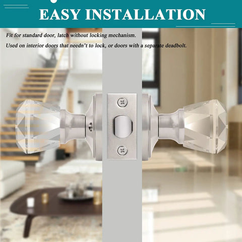 6 Pack Slick Crystal Passage Door Knobs With Faceted Diamond Glass, Satin Nickel Rosette, Non Locking Interior Door Hardware