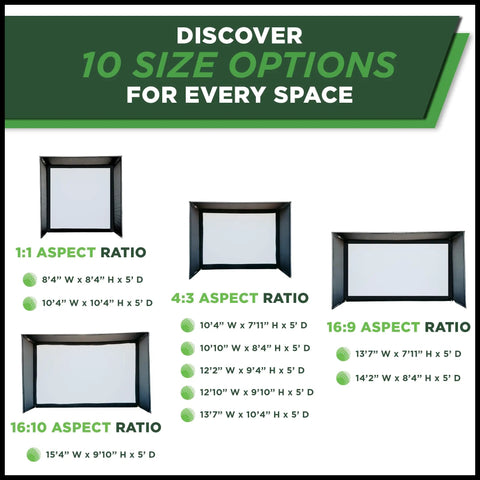 Size options chart for DIY Home Golf Simulator Enclosure Kit With Impact Screen Surround And Cushioned Padding For Indoor Practice