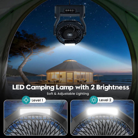 Ultra Durable 24000mAh Rechargeable Camping Fan With LED light in tent, night scene, soft adjustable lighting