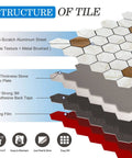Cross-section of 10 Pack Peel And Stick Hexagon Backsplash Tiles in Cream Marble Brushed Copper Metal Look showing layers