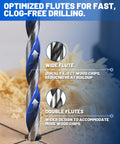 Built Tough 12 Inch Extra Long Drill Bit Set 10 Piece Brad Point Wood Bits showcasing optimized flutes for efficient wood drilling.