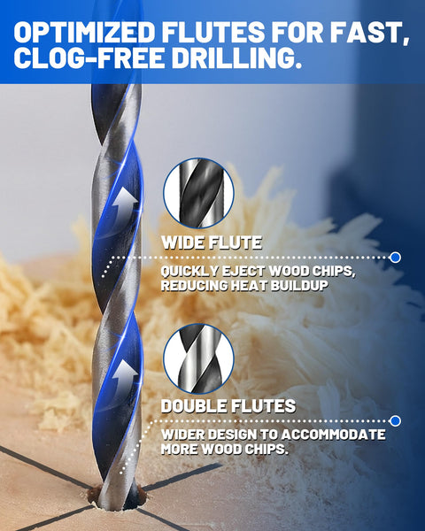 Built Tough 12 Inch Extra Long Drill Bit Set 10 Piece Brad Point Wood Bits showcasing optimized flutes for efficient wood drilling.
