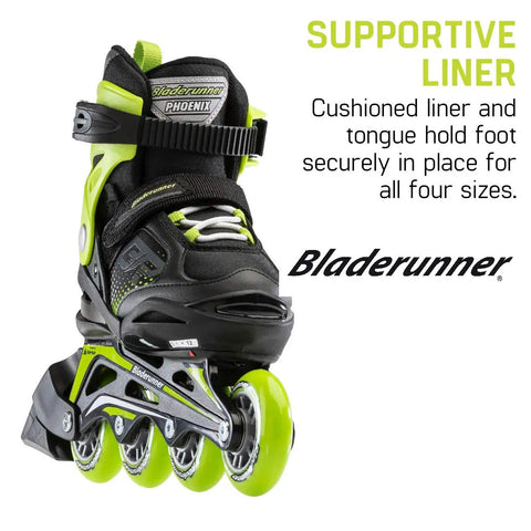 Four Size Adjustable Fitness Inline Skates For Juniors Black And Blue With Cushioned Liner And Tongue For Secure Fit Built For Young Rippers Durable Frame Ideal For Training Practice And Recreational Skating close-up view.