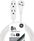 Three Outlet Extension Cord 8 Foot Grounded Power Strip With Flat Plug For Indoor Use Perfect For Home Office And Media Center Desk Setup, 16 Gauge Cable UL Listed White, shown in packaging with three outlets and flat plug design.