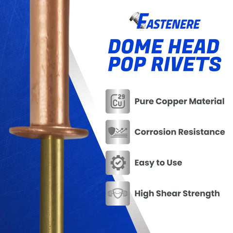 Professional Grade Copper Pop Rivets 100 Pack One Eighth By Three Eighth Dome Head Blind Rivets featuring solid brass mandrel close-up of rivet.