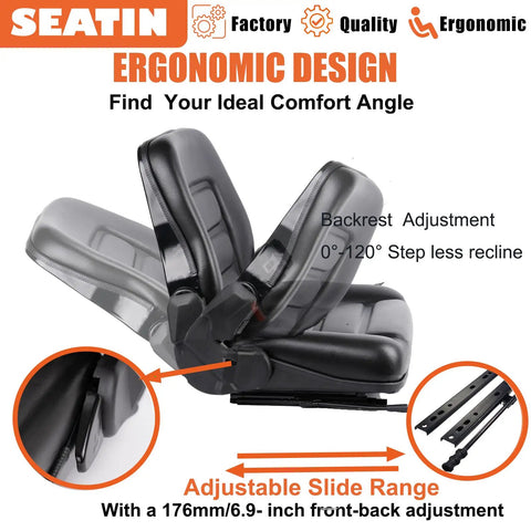 Universal Heavy Duty Operator Seat Skid Steer Tractor Backhoe Excavator showing adjustable backrest and slide rail design.