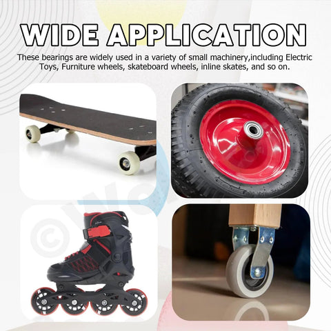 Bearings assortment set in 6 sizes (693ZZ–627ZZ) for small machinery; includes skateboard wheel, inline skate, caster.
