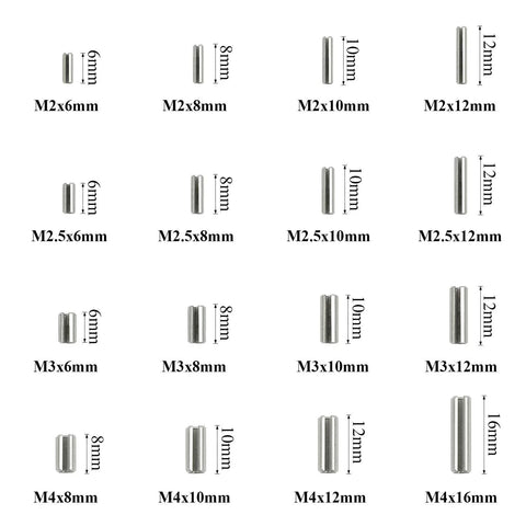 Sutemribor 200Pcs M2–M4 slotted spring pin set in 304 stainless steel, grid view showing sizes M2x6mm to M4x16mm.
