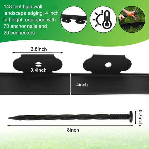 148 Ft Garden Landscape Edging Kit With 4 Inch Tall Border Easy Install DIY Friendly Includes 70 Spiral Anchors And 20 Connectors Black