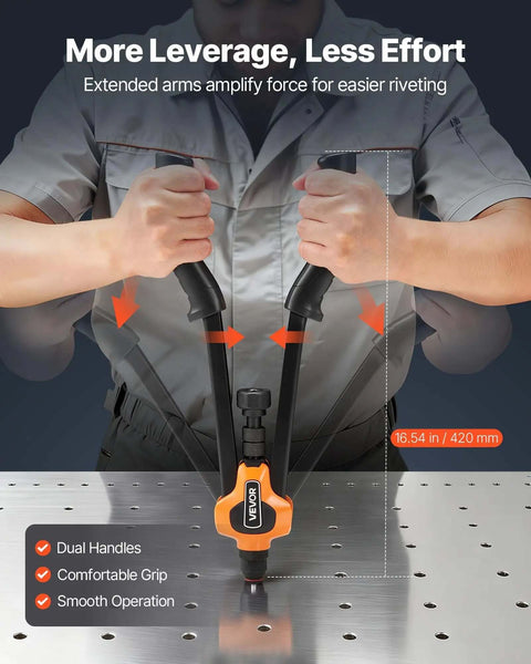 Heavy Duty Rivet Nut Tool Kit With 13 Mandrels And 130 Nuts For M3 To M12 Sae Sizes Plus Metric Fasteners A Solid All In One Set Perfect For Auto Repair, Metalworking Projects And DIY Fixes Under The Hood., 16.54 in dual-handle rivet nut tool with extended arms and comfort grip