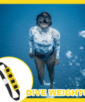 Woman freediving wearing four 2.2 Lb rubber-coated dive weights with nylon belt, shown next to close-up of belt in bubble-filled water.