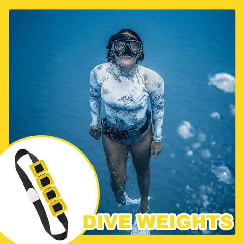 Woman freediving wearing four 2.2 Lb rubber-coated dive weights with nylon belt, shown next to close-up of belt in bubble-filled water.
