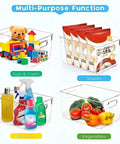 Set Of 8 Clear Stackable Plastic Storage Bins With Four Large And Four Small Containers For Pantry Kitchen Refrigerator Cabinet Organization with toys, snacks, bathroom products, and vegetables.