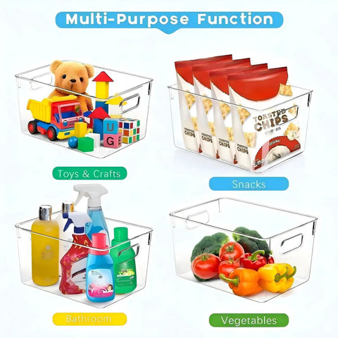 Set Of 8 Clear Stackable Plastic Storage Bins With Four Large And Four Small Containers For Pantry Kitchen Refrigerator Cabinet Organization with toys, snacks, bathroom products, and vegetables.