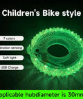 Children's green LED bike wheel light with vibration sensing, USB charge, and 30mm hub diameter. Rechargeable Bike Wheel Lights With 21 Dope Colors And Modes.