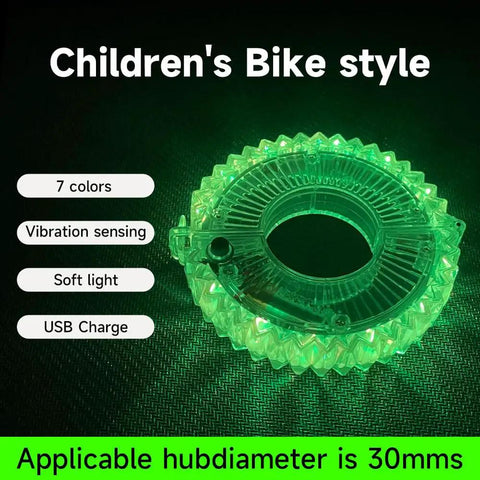 Children's green LED bike wheel light with vibration sensing, USB charge, and 30mm hub diameter. Rechargeable Bike Wheel Lights With 21 Dope Colors And Modes.
