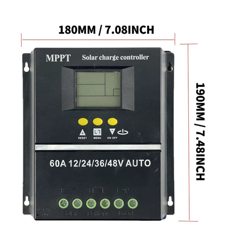 MPPT Solar Charge Controller 12V 24V 36V 48V With LCD Display and Dual USB Ports, 60A model, dimensions shown, front view.