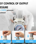 Shop Ready Pro Grade One Quarter Inch NPT Air Regulator with Gauge demonstrating pressure control steps.