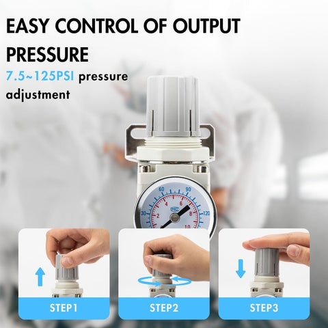 Shop Ready Pro Grade One Quarter Inch NPT Air Regulator with Gauge demonstrating pressure control steps.