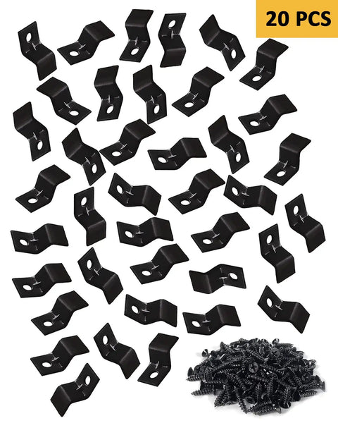 Heavy Duty Z Clips Table Top Fasteners 20 Pack Black Zinc Plated Steel Panel Connectors with screws for furniture assembly.