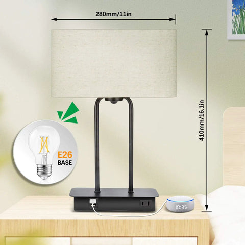 3-Way Dimmable Noiseless Touch Control Table Lamp With 2 USB Ports And AC Power Outlet, metal base next to clock.