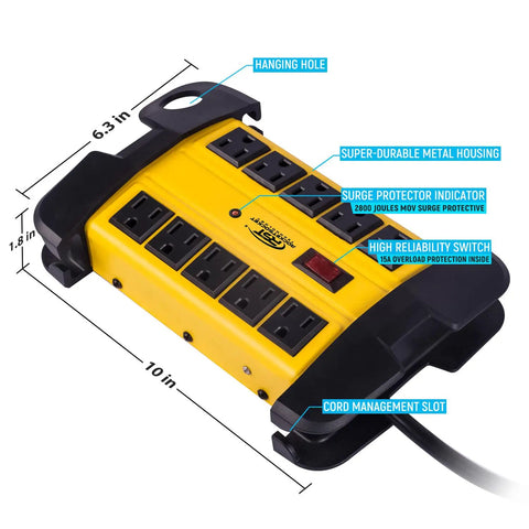 Heavy Duty 10 Outlet Power Strip With Beefy Metal Housing, 15 Amp, 125V, 15 Ft Cord, 2800 Joules Surge Protection, yellow, labeled