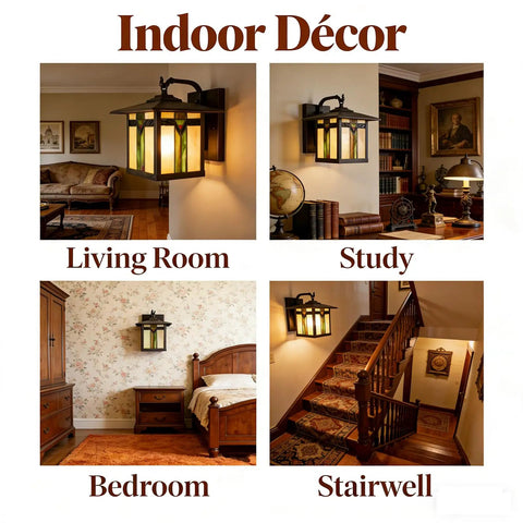 Indoor use of Vintage Tiffany Style Outdoor Wall Light With Stained Glass Shade in living room, study, bedroom, stairwell.