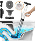 Turbocharged Toilet Unclogger Kit with Real-Time Barometer in use, showing interchangeable heads and high-pressure air drain blaster.