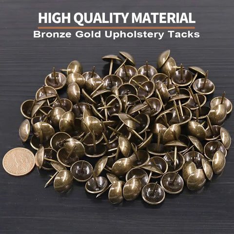 Top Shelf Antique Bronze Upholstery Tacks 200 Pcs 3/4 Inch Round Head Furniture Nails Plus Decorative Thumb Pins For Badass Diy Crafts And Vintage Home Makeovers Heavy Duty Metal Build scattered with a coin for size reference.