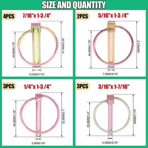 12 Pack Gold Zinc Plated Lynch Pins With Ring, Assorted Sizes 1/4, 3/16, 5/16, 7/16 Inch, Displayed with Size Details