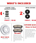 Front Brake Kit With Drilled And Slotted Rotors And Ceramic Pads For Cadillac Escalade, Chevy Silverado 1500, Tahoe, GMC Yukon Beefed Up Front Disc Brakes For Safer Stops And Smoother Quieter Braking showing included components.