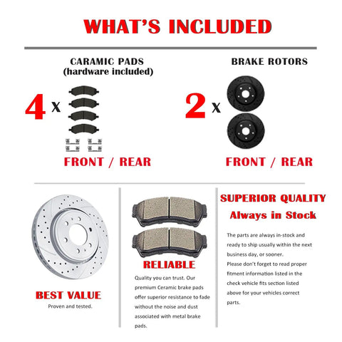 Front Brake Kit With Drilled And Slotted Rotors And Ceramic Pads For Cadillac Escalade, Chevy Silverado 1500, Tahoe, GMC Yukon Beefed Up Front Disc Brakes For Safer Stops And Smoother Quieter Braking showing included components.