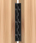 Heavy Duty Matte Black Piano Hinges 6 X 1 Inch With Twelve Mounting Screws Two Pack installed on wooden cabinet doors