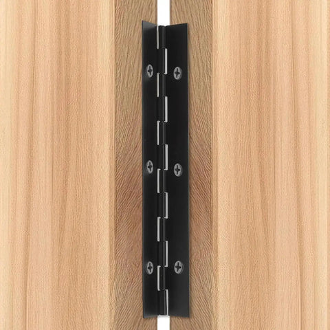 Heavy Duty Matte Black Piano Hinges 6 X 1 Inch With Twelve Mounting Screws Two Pack installed on wooden cabinet doors