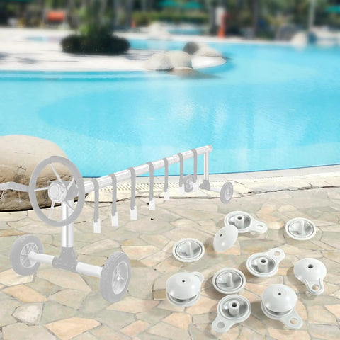 Keep Your Pool Blanket Locked Tight With These Rock Solid Solar Cover Reel Clips Featuring Slick Strap Holders And Dependable Tarp Fasteners For Above Ground And Inground Pools, showing clips and reel on a poolside.