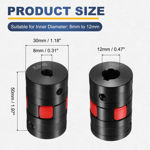Flexible Jaw Shaft Coupling 8Mm To 12Mm Bore 30Mm Diameter 45 Steel Motor Connector shown with 50mm length and red insert