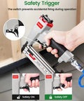 Heavy Duty 23 Gauge Pneumatic Pin Nailer Kit With 10000 Count Pins showing safety trigger for preventing accidental firing.