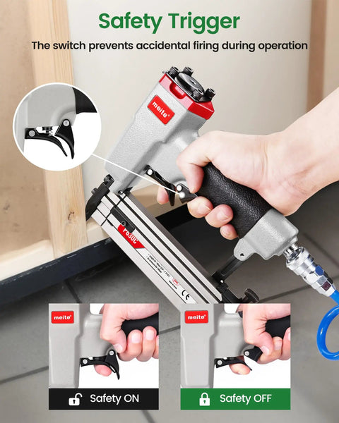 Heavy Duty 23 Gauge Pneumatic Pin Nailer Kit With 10000 Count Pins showing safety trigger for preventing accidental firing.