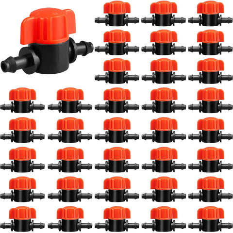 35-piece Drip Irrigation Barbed Locking Switch Valves Kit for quarter inch drip tubing, water flow control shut off valves display.