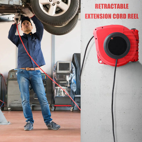 Man using Heavy Duty 50ft Retractable Extension Reel with 14AWG 3C SJTOW Cord Built Tough Triple Tap Outlet in garage