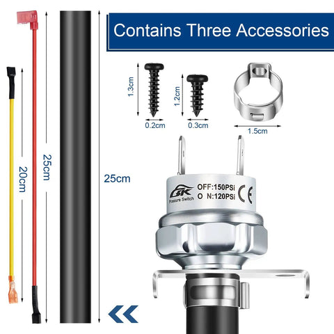 Air Compressor Pressure Switch 120 To 150 Psi With 120V AC Control Plug And Play Setup Includes Rubber Hose Fittings Screw And Clamp